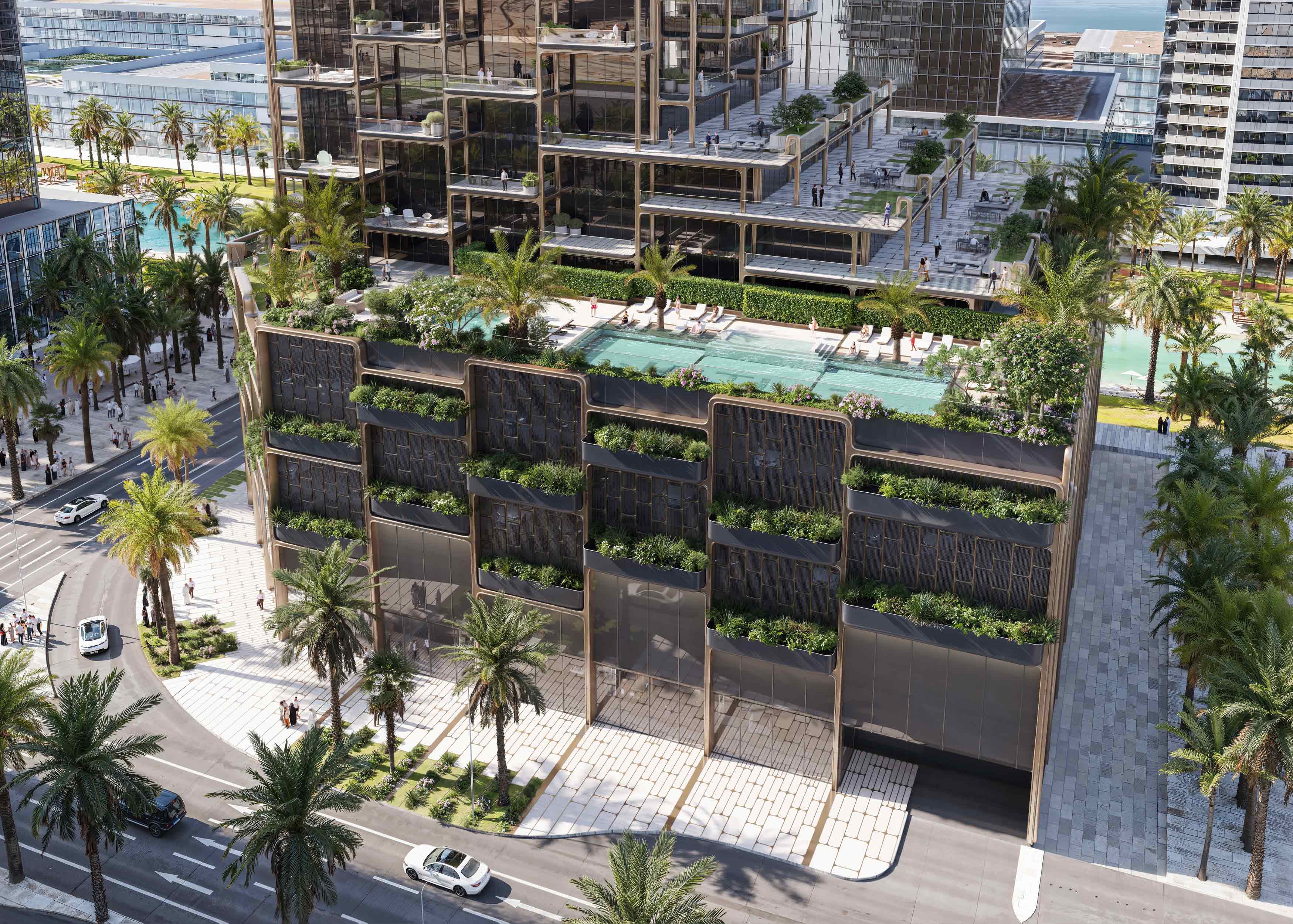 The Symphony By Imtiaz A modern architectural design featuring palm trees, a pool, and landscaped terraces near a street and plaza.